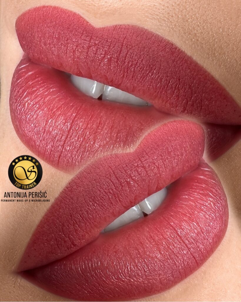 A before-and-after photo of permanent lip blush treatment results, showing a client with perfectly defined lips.