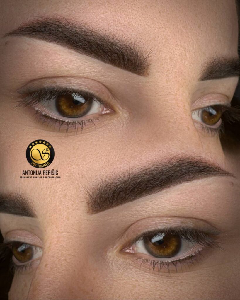 A before-and-after of permanent eyeliner, showing perfectly defined eyes after the treatment.