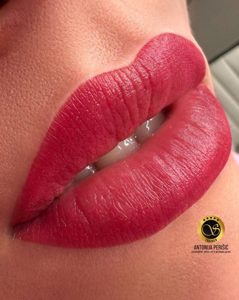 A photo of permanent lip blush treatment results, showing a client with perfectly defined lips.