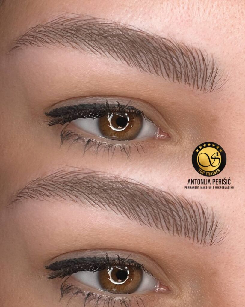 A before-and-after of permanent eyeliner, showing perfectly defined eyes after the treatment.