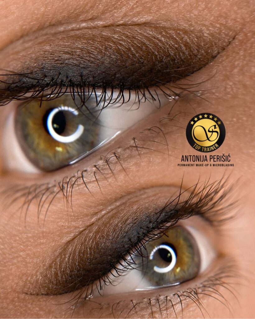 A before-and-after of permanent eyeliner, showing perfectly defined eyes after the treatment.